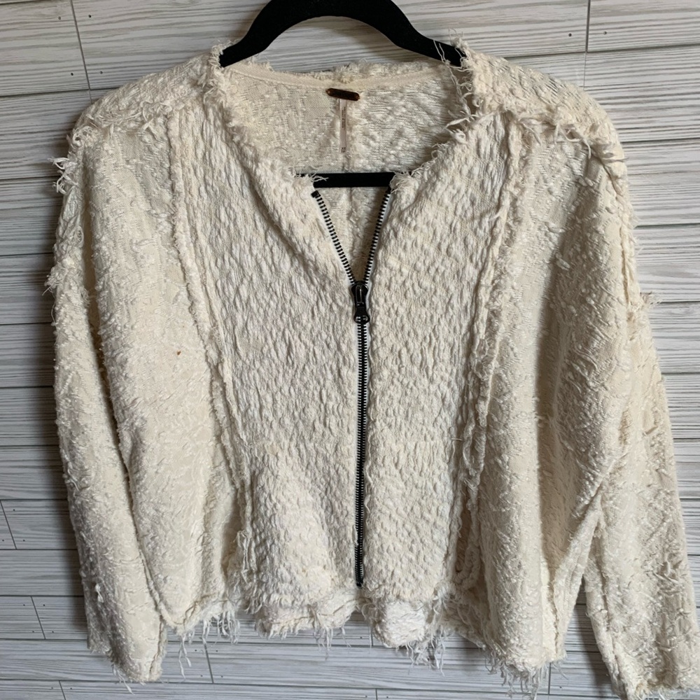 Free People Cream Fringe Knit Zip Crop Jacket 100% cotton
